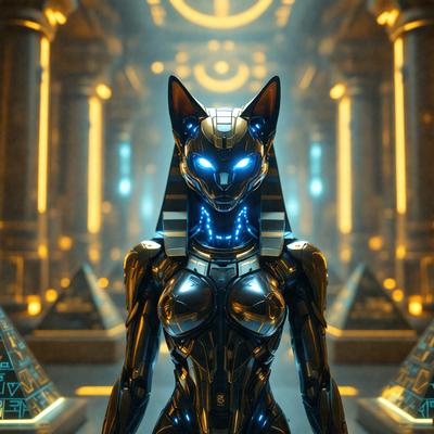 The primary subject of the image is a woman dressed in a futuristic outfit, featuring a metallic bodysuit and a cat-like headpiece. She is standing in a room with a gold and blue color scheme, which gives the scene a luxurious and sophisticated atmosphere. The visual style of the image is a combination of photo and digital art, creating a unique and intriguing appearance. The woman's outfit and the room's design evoke a sense of mystery and allure, inviting the viewer to explore the world she inhabits.